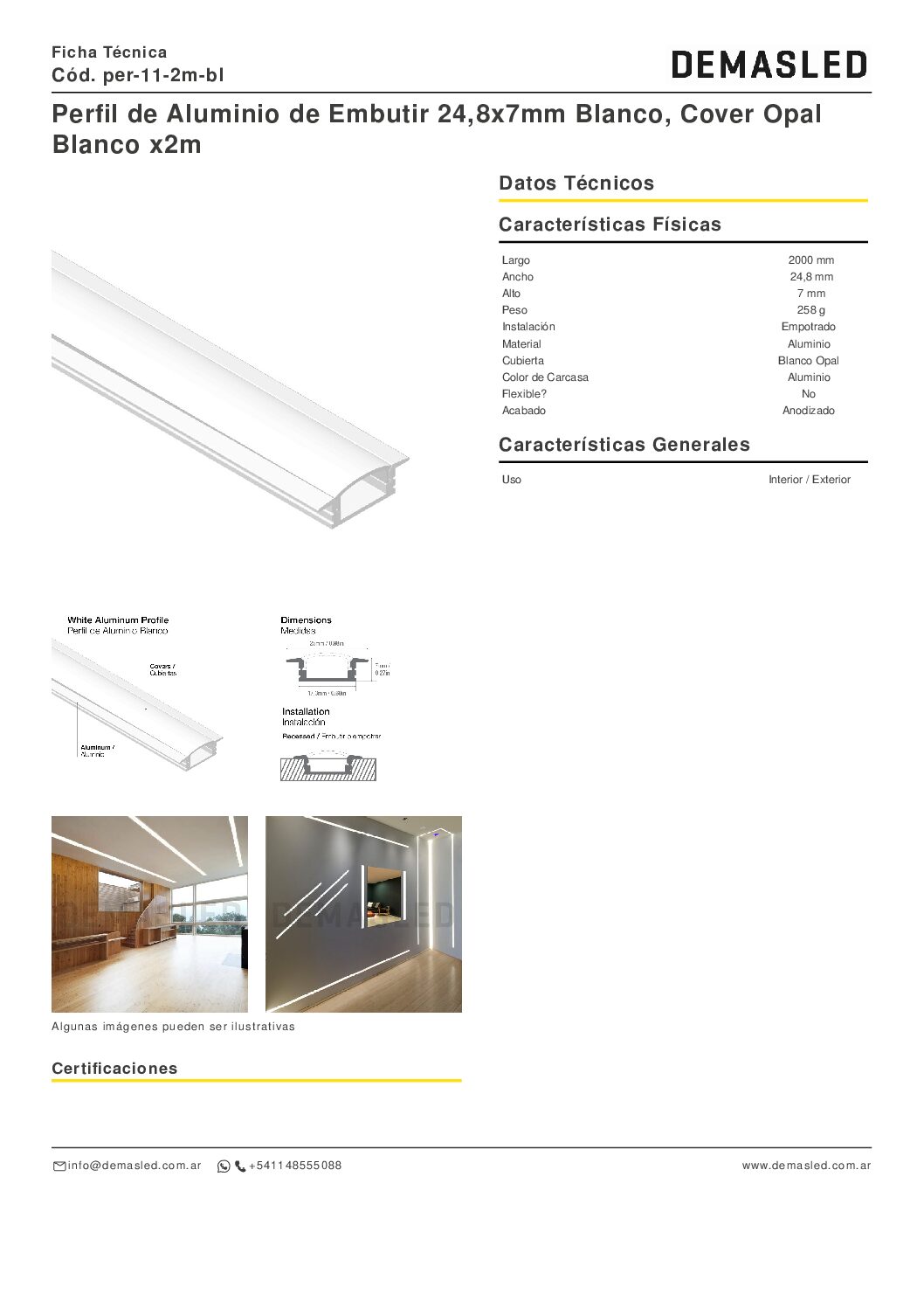 PERFIL LED ALUMINIO (BLANCO) DE EMBUTIR 24,8X7mm (2 MTS) - Imagen 3