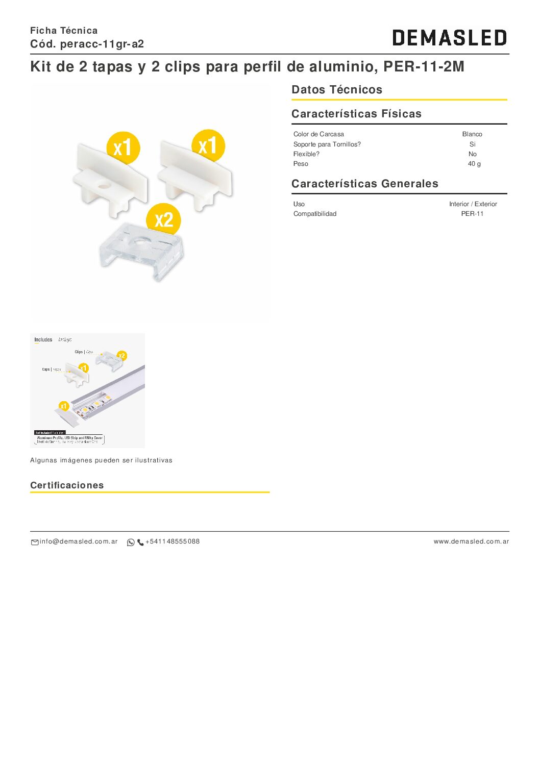 KIT DE 2 TAPAS Y 2 CLIPS PARA PERFIL LED ALUMINIO (PER-11-2M) - Imagen 2