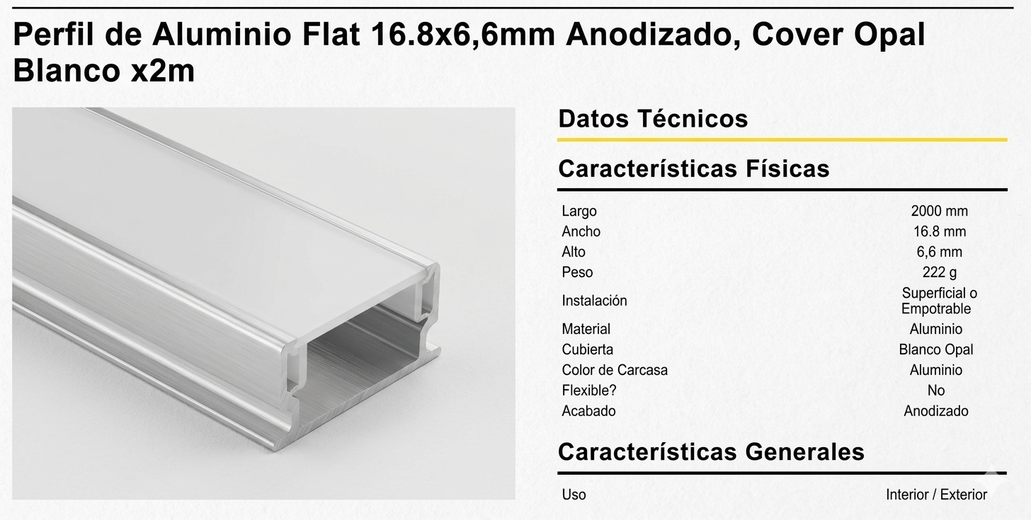 PERFIL LED ALUMINIO FLAT APLICAR 16,8X6,6MM (2 MTS) - Imagen 3