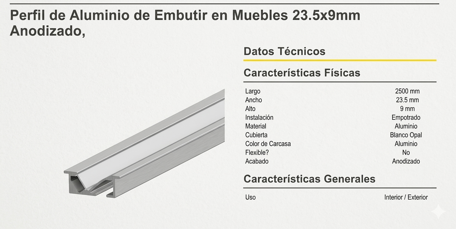 PERFIL LED ALUMINIO DE EMBUTIR 23,5,X9mm (2,5 MTS) - Imagen 2